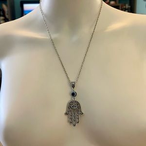 Large Fine Silver Plated Marcasite Evil Eye Hamsa Hand Pendant 20” Necklace